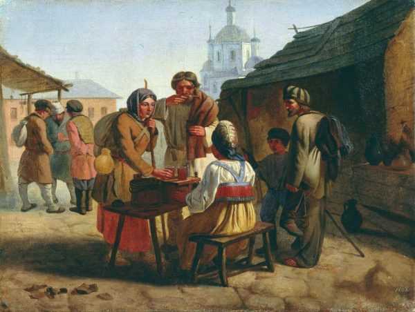 В древней Руси женщина продаёт на улице квас